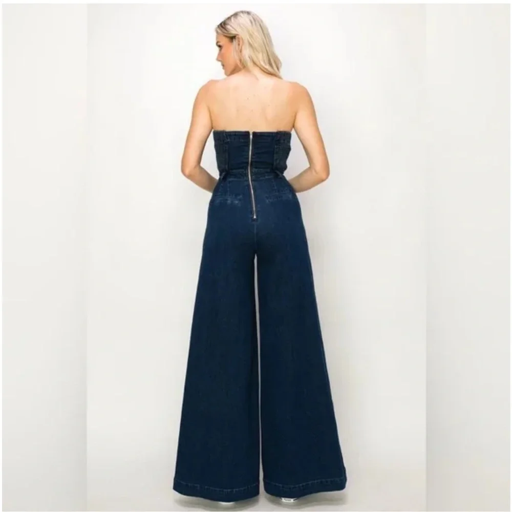 DARK DENIM STRAPLESS WIDE LEG DENIM JUMPSUIT WITH POCKETS🤠- Picture 5 of 8
